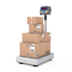 Stacked Cardboard Boxes Parcels over Warehouse Digital Cargo Scales on a white background. 3d Rendering