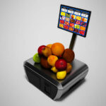 Modern cashier with monitor for buying apples of kiwi coconut oranges isolated 3d render on gray background with shadow