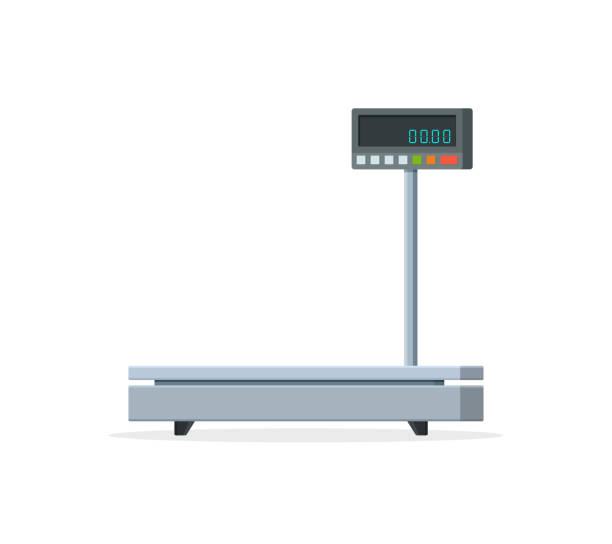 Scale weight. Scale balance for parcel and package. Industrial electronic machine with digital scales. Measure of cargo on platform. Equipment for delivery, shipping and weighing. Vector.