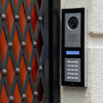 Intercom panel on the wall of private house close up