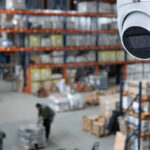 closed circuit camera Multi-angle CCTV system against the background of a modern warehouse complex. The concept of protection of goods.